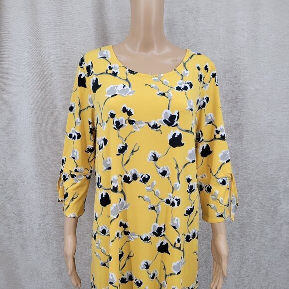 CLARA SUNWOO Sun Woo Yellow with Black Gray Florals White Boxy 3/4 Sleeve Tunic - Picture 2 of 9